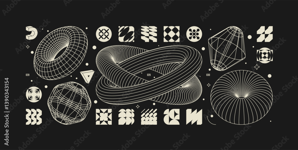 Poster vector graphic assets kit acid style, postmodern abstract geometric shapes with wireframe elements o