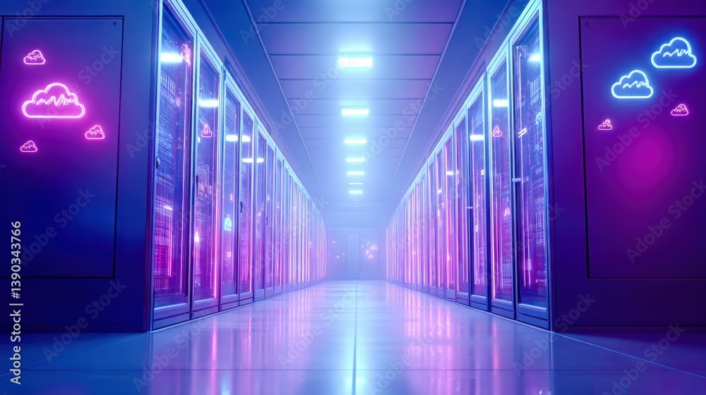 Poster a perspective view of a modern data center with cloud computing elements and neon lighting.