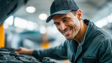 A smiling mechanic inspects a car's engine, showcasing professional expertise in a bright workshop.