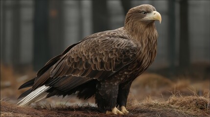 Obraz premium A powerful image of a majestic eagle standing proudly on the ground in a forest area, epitomizing strength, resilience, and the beauty of wildlife.