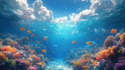 Obraz premium A breathtaking underwater panorama showcasing vibrant fish, intricate coral reefs, and the vast ocean stretching beyond. The azure sky, adorned with fluffy white clouds.
