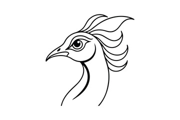 Line art drawing of a peacock head in side view.eps