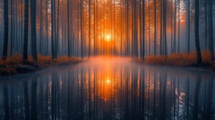 Sunrise in a mystical forest reflected in a calm pond