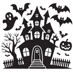 set of halloween, hunted house silhouette	
