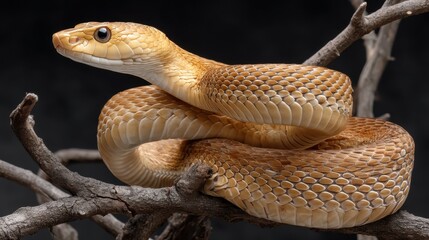 Fototapeta premium This close-up image captures a stunning snake gracefully coiled on a branch, highlighting its remarkable scales and colors in a natural setting.