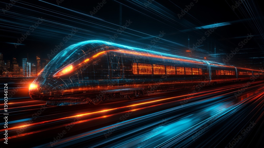 Poster a futuristic train equipped with advanced automation and ai travels through an urban environment, sh
