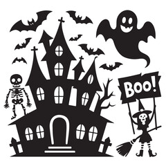 set of halloween, hunted house silhouette	
