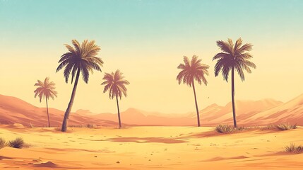 Oasis landscape with palm trees in a desert.