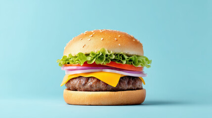 delicious burger with vibrant ingredients including lettuce, tomato, cheese, and onion on sesame seed bun against blue background