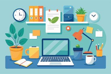 A modern home office desk with a laptop, a potted plant, a lamp, coffee mug, and other office supplies.