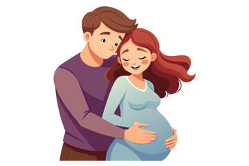 Obraz premium An illustration of a pregnant woman with long red hair, smiling and being embraced by her husband. He is gently touching her belly.