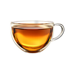 Clear glass teacup with amber tea and rising steam for a soothing minimalist beverage photography composition on a white background