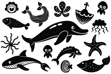 Hand-Drawn Sea Life Collection – Cute Marine Animals, Fish, and Ocean Elements Vector Set