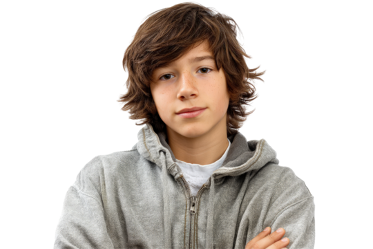 Teen boy with arms crossed, studio portrait on transparent background