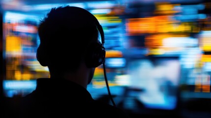 A person wearing headphones looks at a bright computer screen