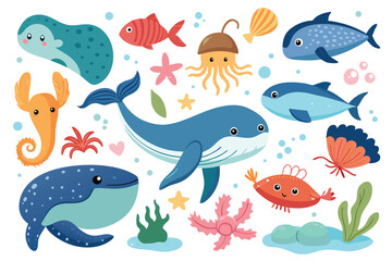 Obraz premium Hand-Drawn Sea Life Collection – Cute Marine Animals, Fish, and Ocean Elements Vector Set