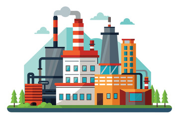 Obraz premium Digital art of a modern industrial complex with tall buildings and smokestacks. Red and orange roofs, smokestacks emitting smoke, trees, blue sky.