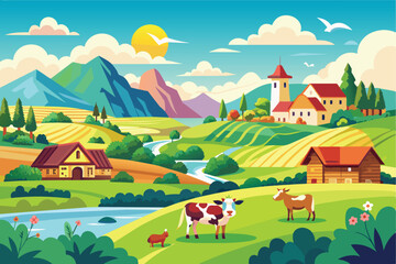 An illustration of a vibrant countryside village, with rolling hills, a winding river, a small farmhouse, and a quaint church in the distance. The sun shines brightly in the blue sky.