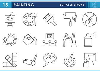 A set of line icons related to Painting. Paint, draw, skill, painter, canvas, artboard, ink, brush, and so on. Vector editable stroke.