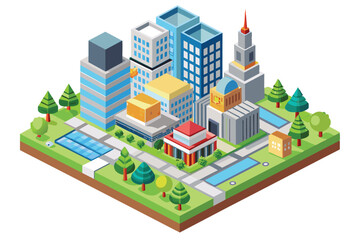 A colorful illustration depicting a modern city scene with various buildings, trees, and a small park. The image is rendered in an isometric style, giving a three-dimensional perspective.