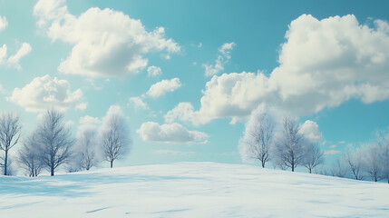 Obraz premium Snowy landscape with frost-covered trees under a bright winter sky.