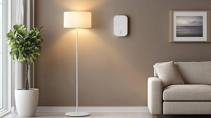 Soft light from the low-hanging lamp creates a welcoming ambiance in a cozy living area with textured wallpaper and a potted plant