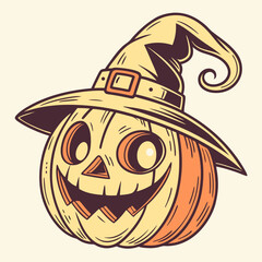 Halloween Pumpkin Head Vintage Vector Jack-o'-Lantern with Witch Hat and Glowing Face – Classic Halloween Design