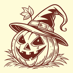 Halloween Pumpkin Head Vintage Vector Jack-o'-Lantern with Witch Hat and Glowing Face – Classic Halloween Design