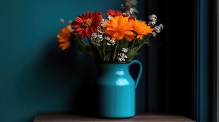 Fototapeta premium Vibrant flowers in a teal vase. Arrangement of orange and red blossoms, accented by white wildflowers, in a teal pitcher, against a teal wall