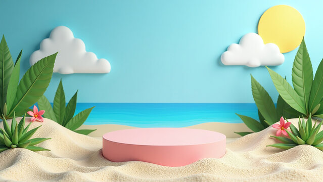 colorful beach display features sand sea platform sunny sky backdrop attractive summer vacation