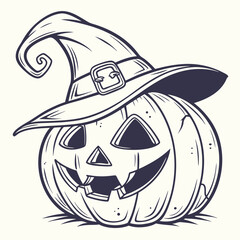 Halloween Pumpkin Head Vintage Vector Jack-o'-Lantern with Witch Hat and Glowing Face – Classic Halloween Design