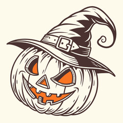 Halloween Pumpkin Head Vintage Vector Jack-o'-Lantern with Witch Hat and Glowing Face – Classic Halloween Design