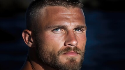 Obraz premium Close-up portrait of a man with a serious expression. Well-groomed short hair, light skin, intense blue eyes, and a full beard. Natural light highlights facial features