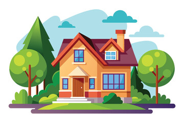 Fototapeta premium An illustration of a yellow and brown suburban home with a red roof and a chimney, surrounded by green trees and a blue sky with white clouds.