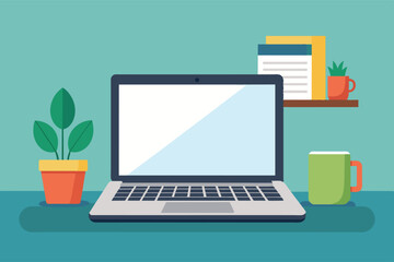 A flat illustration of a laptop on a teal desk with a green mug and a plant in a pot.