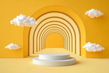 3d render, abstract minimal yellow background with white clouds flying out the tunnel. abstract sunny yellow background. Simple geometric showcase scene with empty podium for product presentation

