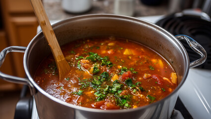 Boiling tomato soup in pot at the stove in a kitchen