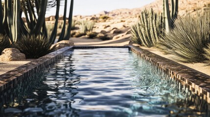 Serene Desert Oasis with Reflections in a Still Pool Surrounded by Cacti and Native Vegetation