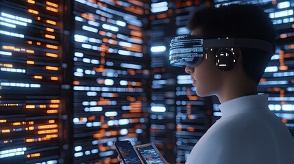 A man in VR glasses engages deeply in a vibrant digital realm while another person interacts with AR on their phone