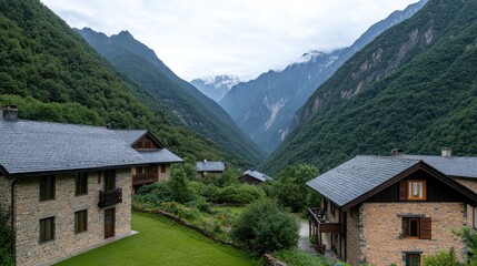 Lush green grass covers stone brick houses in an ancient village surrounded by misty mountains after a light spring rain