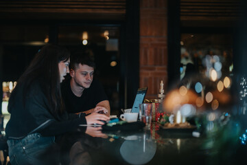Two people are engaged in collaborative work at a laptop under warm lighting, accompanied by a cozy festive atmosphere, emphasizing teamwork, productivity, and holiday joy.