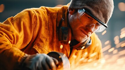 Fototapeta premium Close-up shot of a worker using a grinding machine, creating sparks in a workshop.