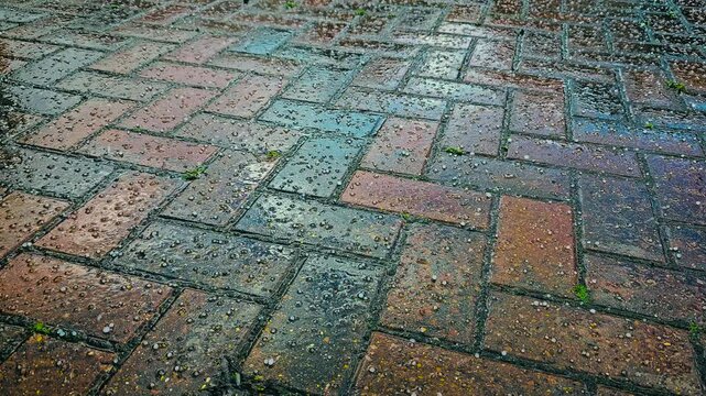 Hailstones hitting colorful brick pavement during spring storm. Ice pellets scattering across wet path as weather turns cold. Frozen rain falling on walkway surface creating textured pattern
