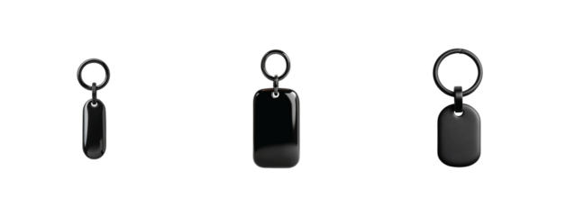 Black keychain collection displaying sleek modern design with multiple shapes and finishes