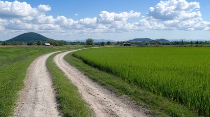 Fototapeta premium Vibrant rice fields bask in sunlight with a flowing stream and mountains towering in the background, creating a tranquil natural landscape