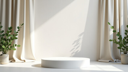 Fototapeta premium elegant empty podium sits center stage bathed soft diffused light surrounded flowing drapes delicate eucalyptus