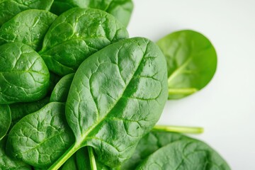 Obraz premium Lush vibrant spinach leaves showcasing their rich green color and delicate texture against a bright white background.
