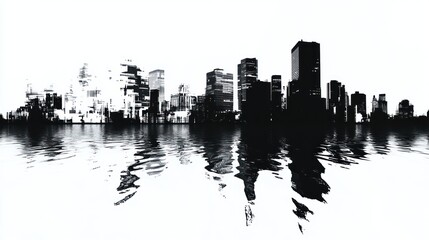 Obraz premium Black and white city skyline reflected in water. Possible use Stock photo