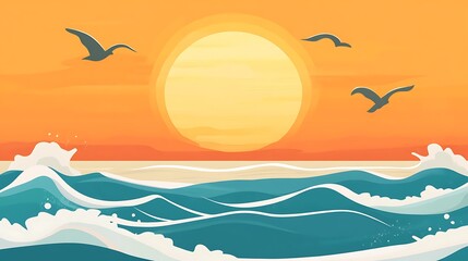 Ocean sunset with flying birds and waves.
