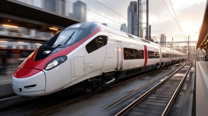 A high-speed train glides swiftly along tracks, framed against a stunning sunset and urban skyline, showcasing modern engineering